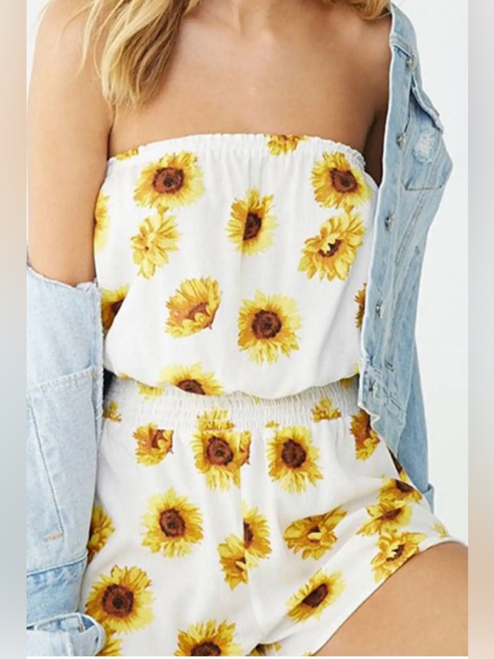Forever 21 Strapless Sunflower Romper With Smocked waist